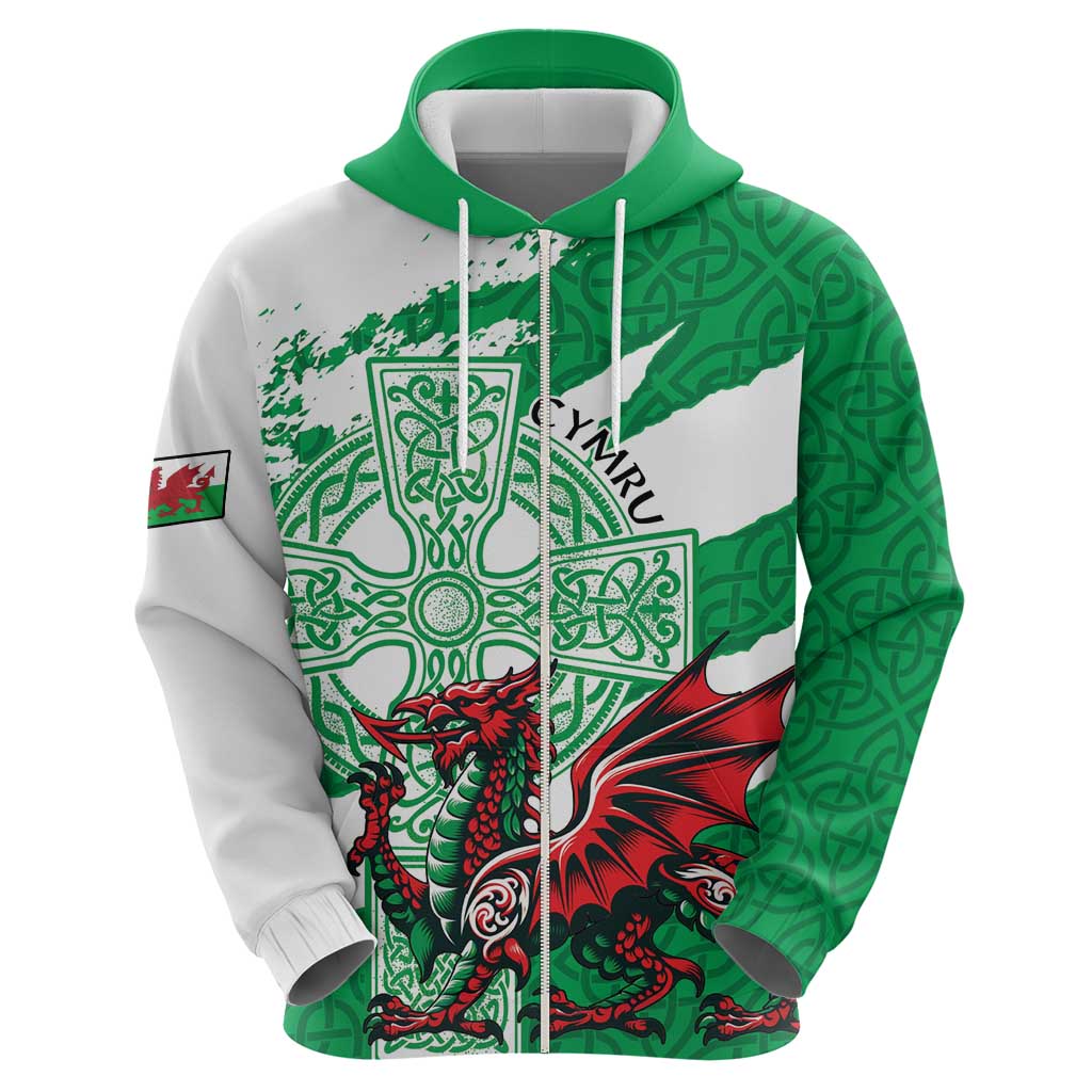 Wales Celtic Cross Zip Hoodie Cymru Am Byth Green Version - Wonder Print Shop