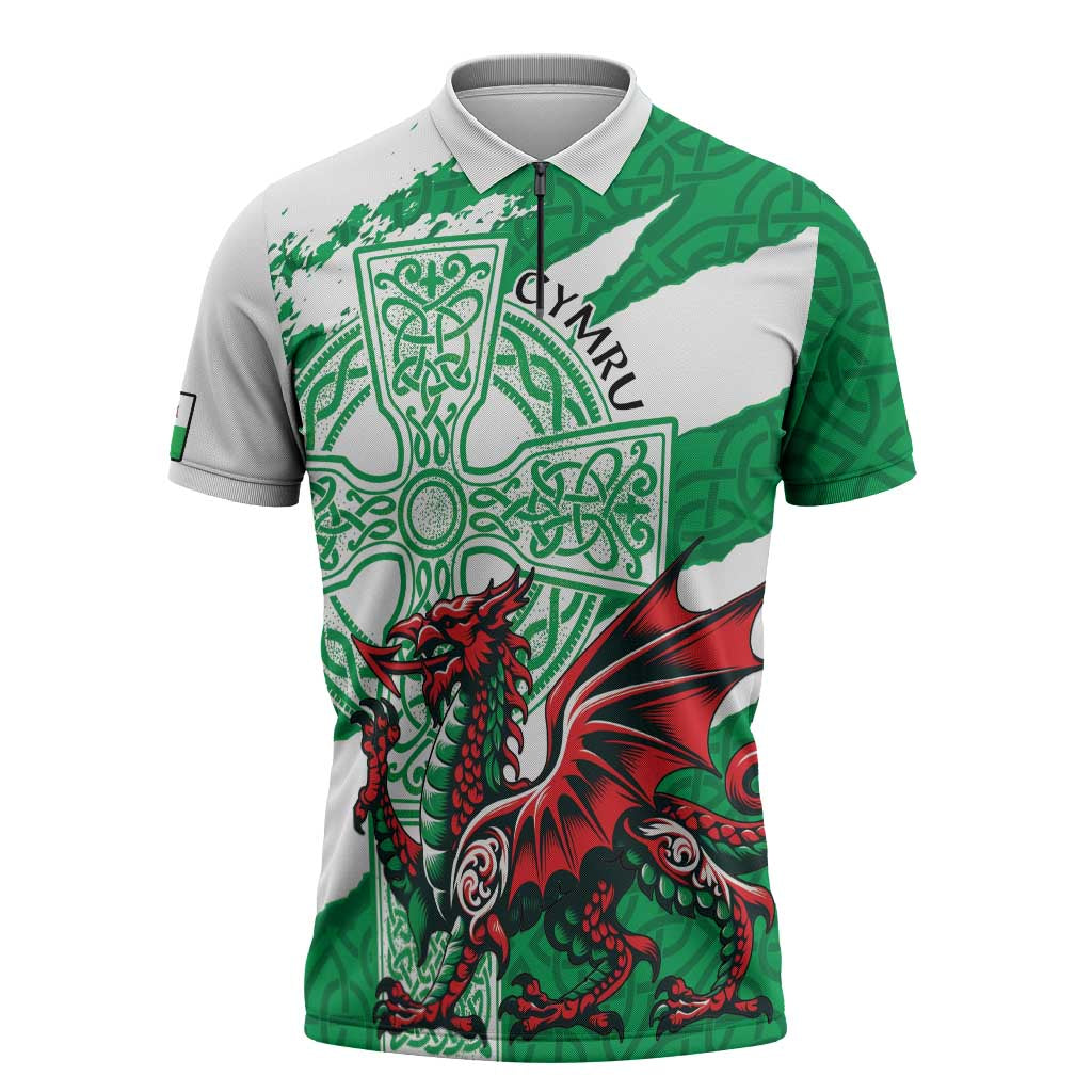 Wales Celtic Cross Zipper Polo Shirt Cymru Am Byth Green Version - Wonder Print Shop