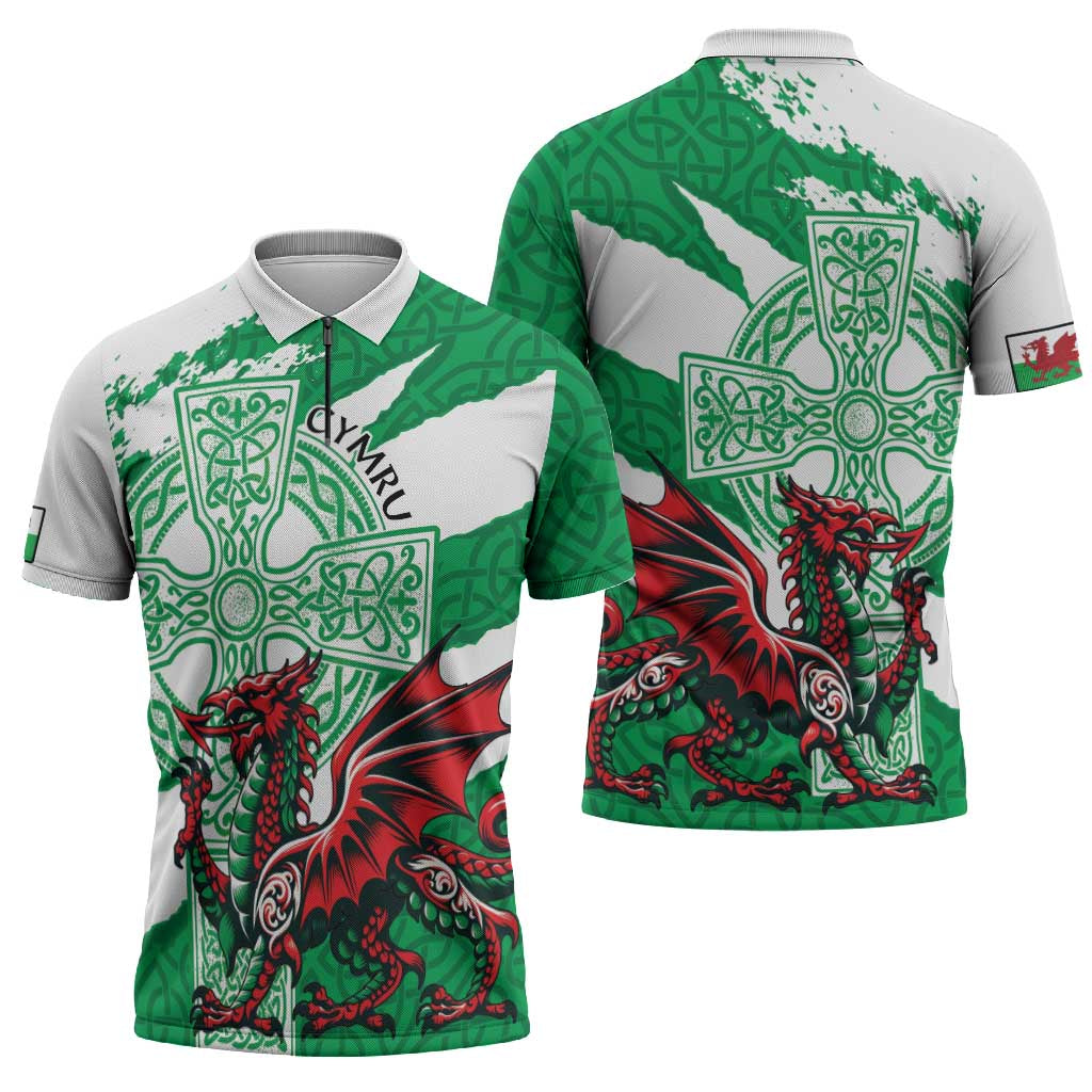 Wales Celtic Cross Zipper Polo Shirt Cymru Am Byth Green Version - Wonder Print Shop