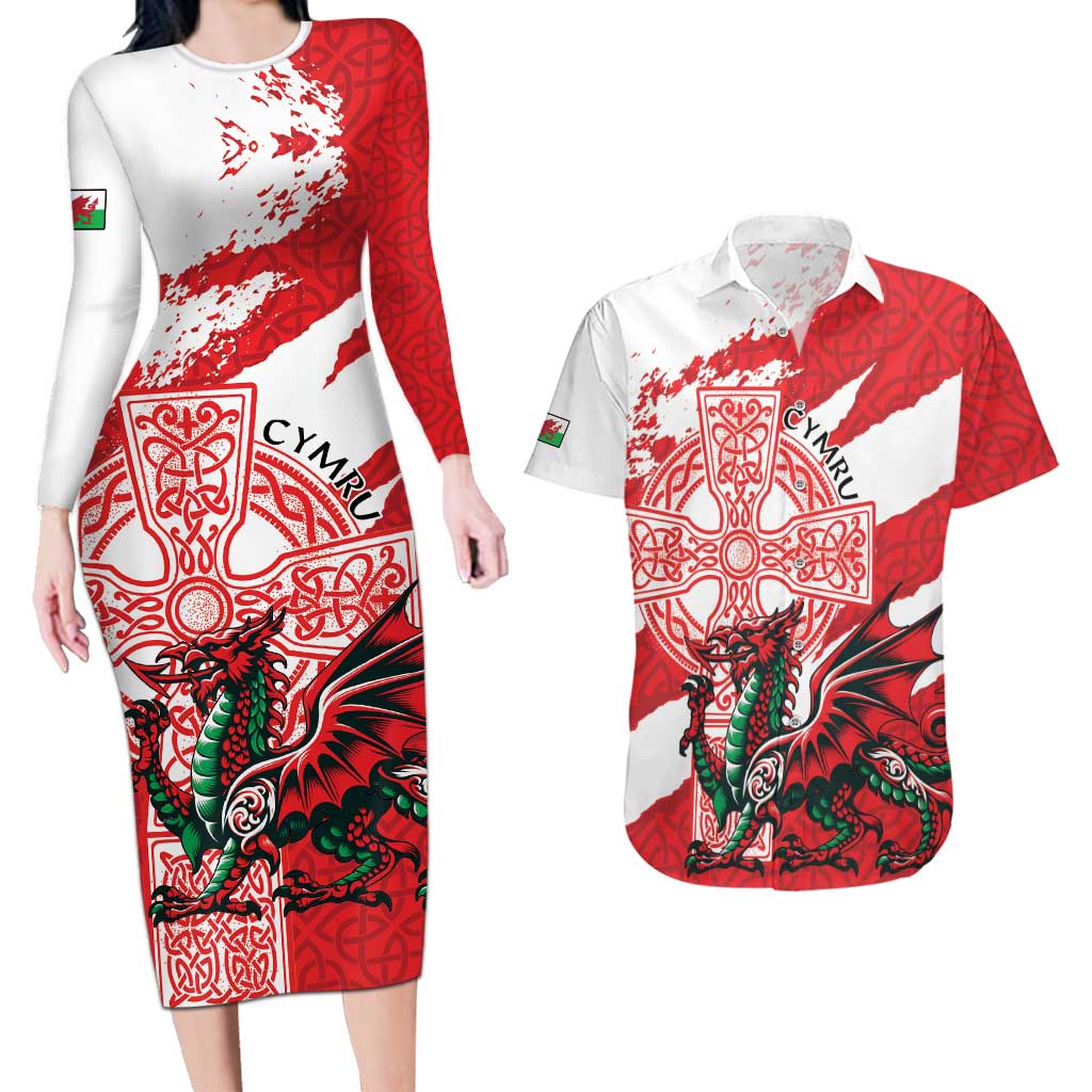 Wales Celtic Cross Couples Matching Long Sleeve Bodycon Dress and Hawaiian Shirt Cymru Am Byth Red Version - Wonder Print Shop