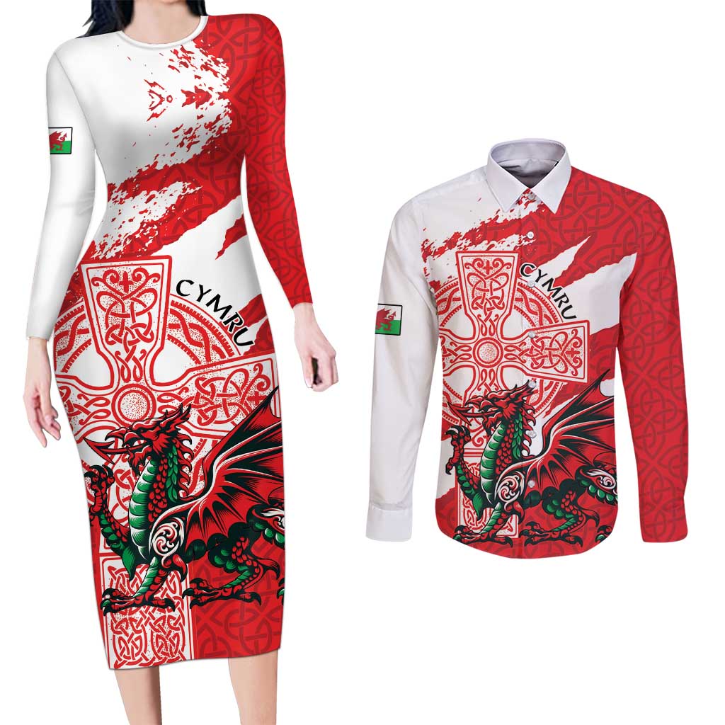 Wales Celtic Cross Couples Matching Long Sleeve Bodycon Dress and Long Sleeve Button Shirt Cymru Am Byth Red Version - Wonder Print Shop