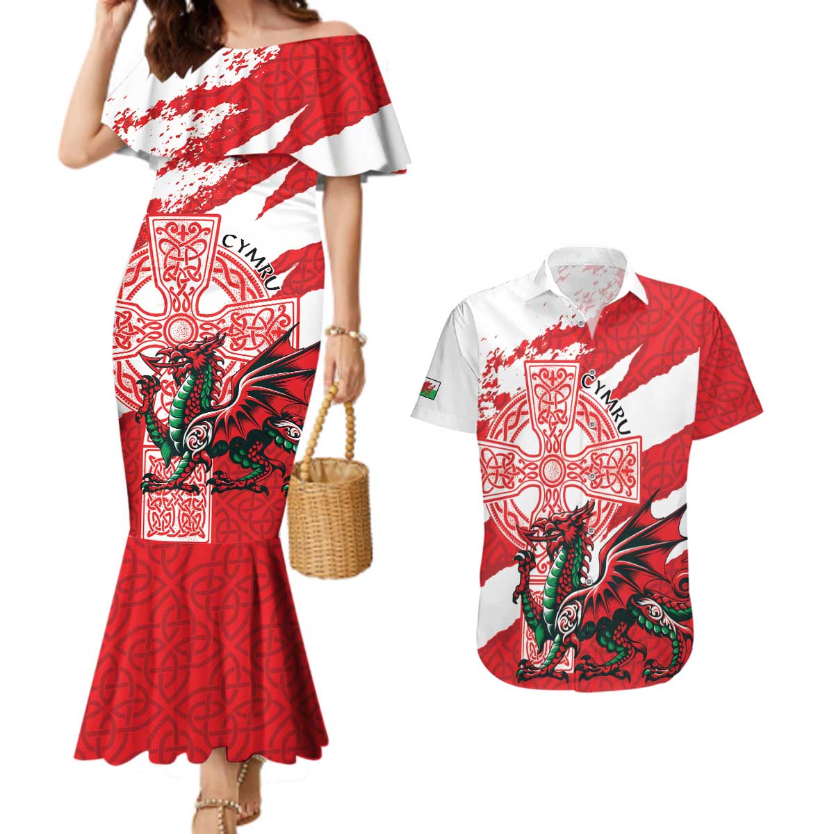 Wales Celtic Cross Couples Matching Mermaid Dress and Hawaiian Shirt Cymru Am Byth Red Version - Wonder Print Shop