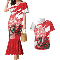 Wales Celtic Cross Couples Matching Mermaid Dress and Hawaiian Shirt Cymru Am Byth Red Version - Wonder Print Shop