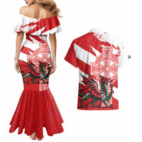 Wales Celtic Cross Couples Matching Mermaid Dress and Hawaiian Shirt Cymru Am Byth Red Version - Wonder Print Shop