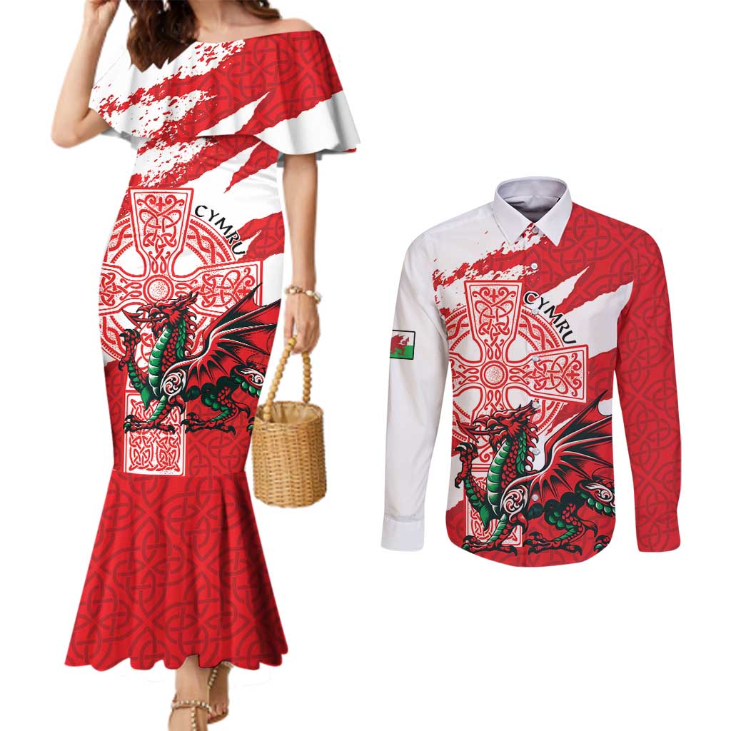 Wales Celtic Cross Couples Matching Mermaid Dress and Long Sleeve Button Shirt Cymru Am Byth Red Version - Wonder Print Shop