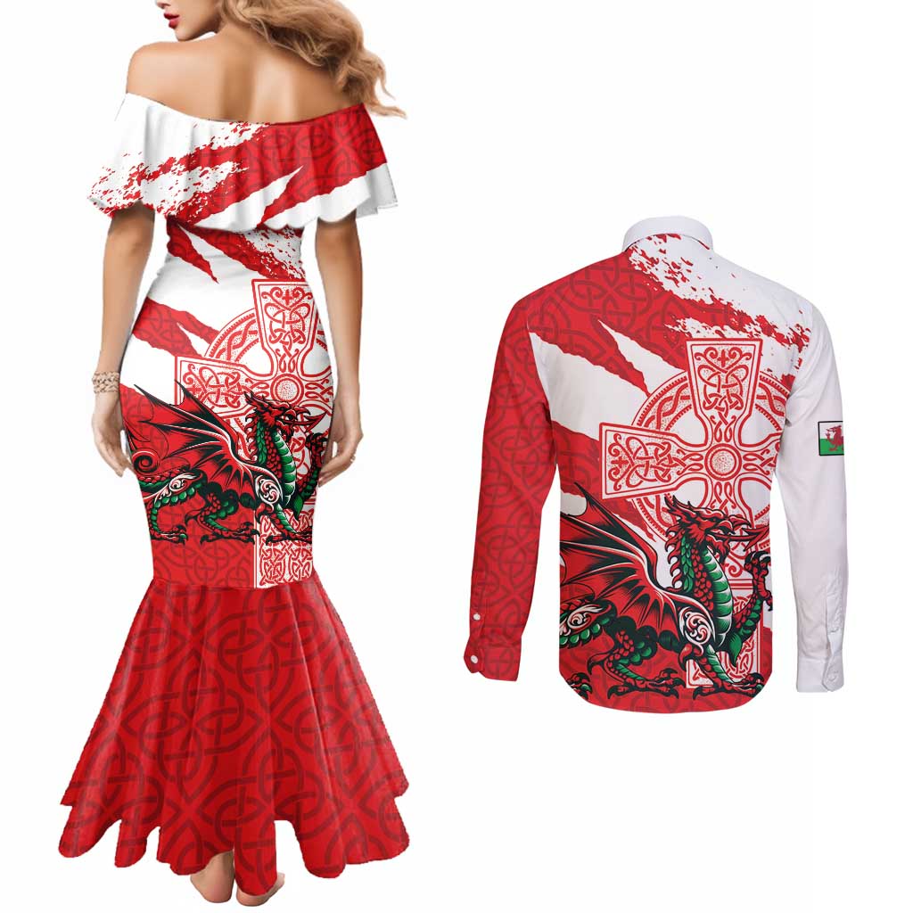 Wales Celtic Cross Couples Matching Mermaid Dress and Long Sleeve Button Shirt Cymru Am Byth Red Version - Wonder Print Shop