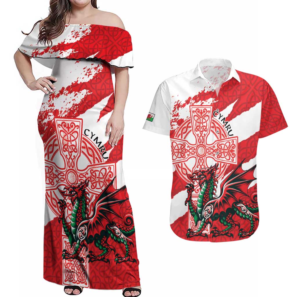 Wales Celtic Cross Couples Matching Off Shoulder Maxi Dress and Hawaiian Shirt Cymru Am Byth Red Version - Wonder Print Shop