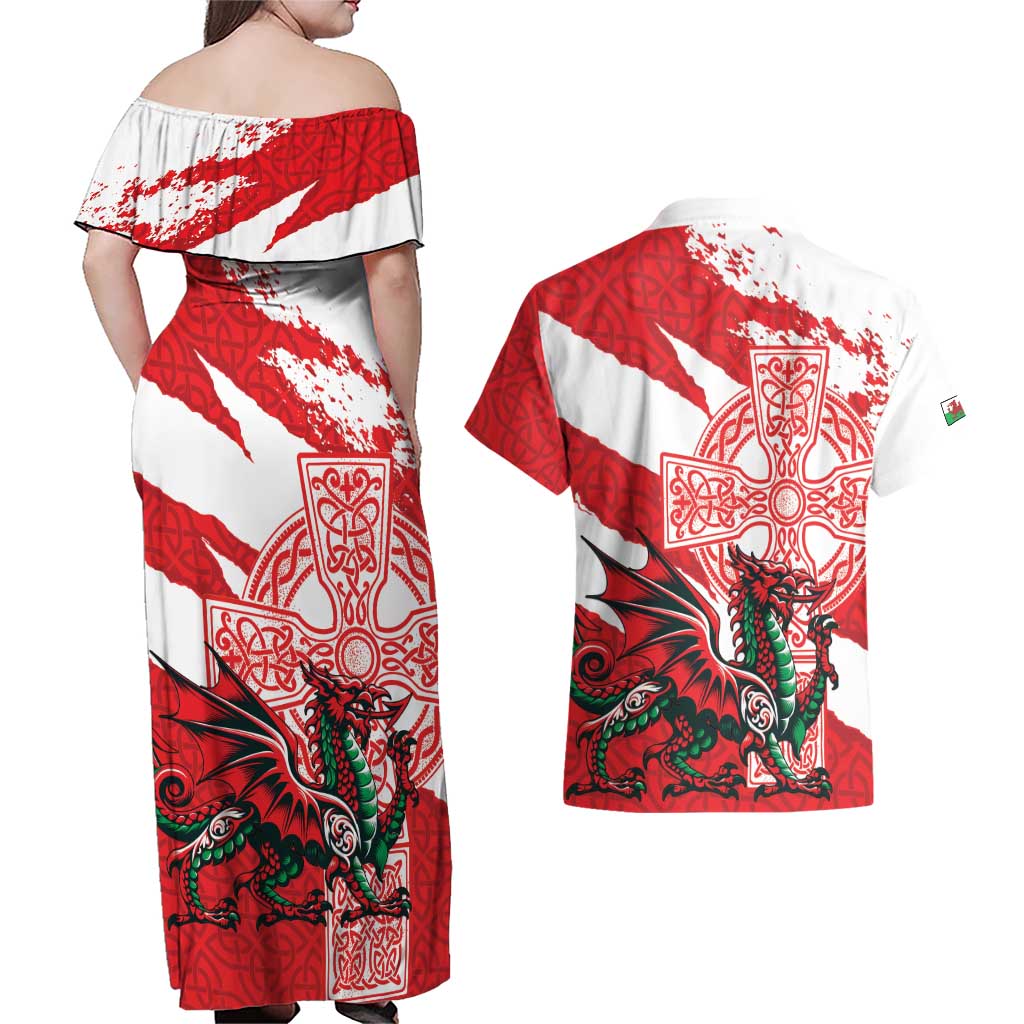 Wales Celtic Cross Couples Matching Off Shoulder Maxi Dress and Hawaiian Shirt Cymru Am Byth Red Version - Wonder Print Shop