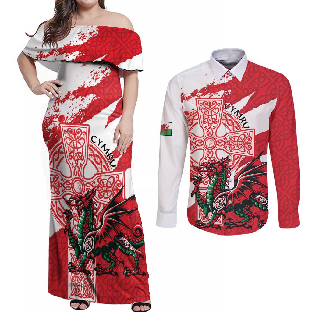 Wales Celtic Cross Couples Matching Off Shoulder Maxi Dress and Long Sleeve Button Shirt Cymru Am Byth Red Version - Wonder Print Shop