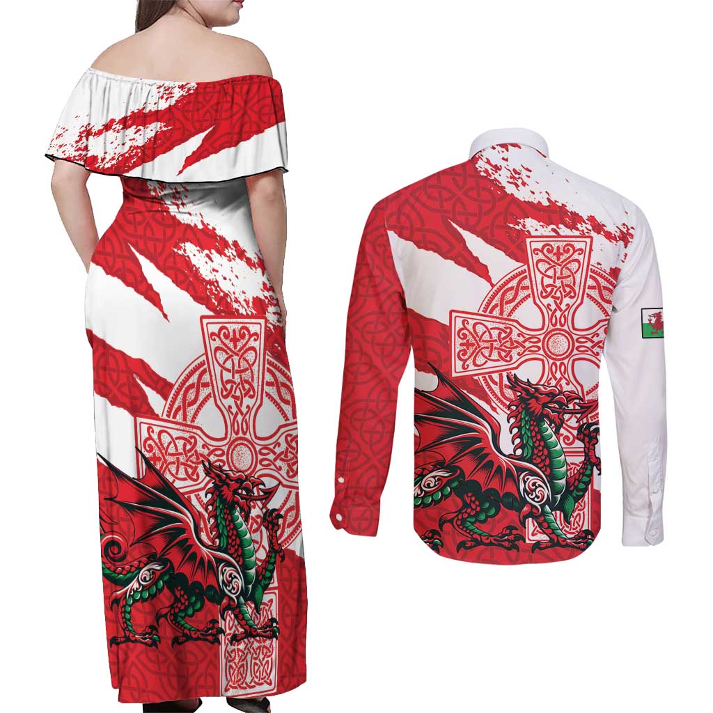 Wales Celtic Cross Couples Matching Off Shoulder Maxi Dress and Long Sleeve Button Shirt Cymru Am Byth Red Version - Wonder Print Shop