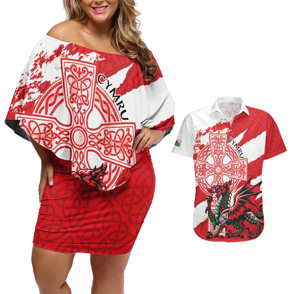 Wales Celtic Cross Couples Matching Off Shoulder Short Dress and Hawaiian Shirt Cymru Am Byth Red Version - Wonder Print Shop