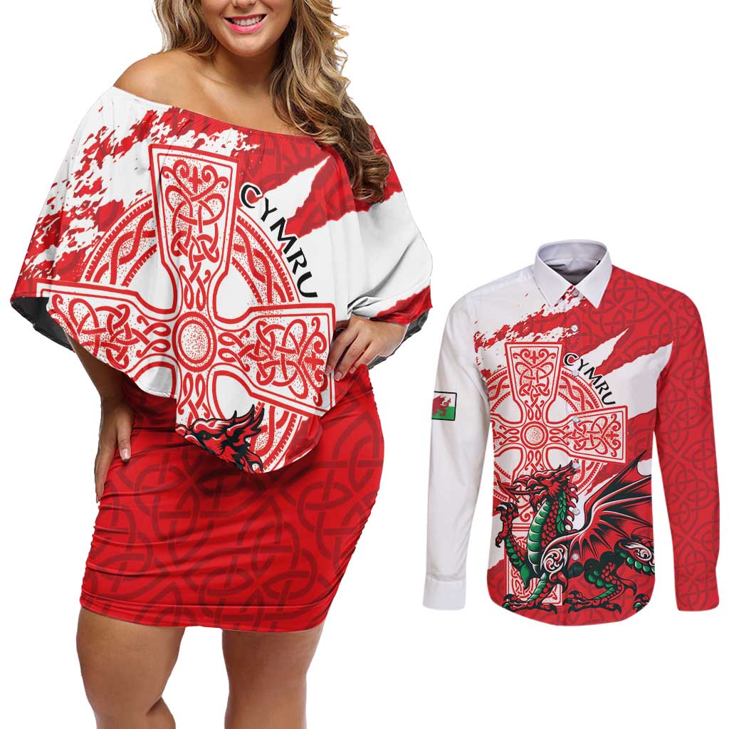 Wales Celtic Cross Couples Matching Off Shoulder Short Dress and Long Sleeve Button Shirt Cymru Am Byth Red Version - Wonder Print Shop