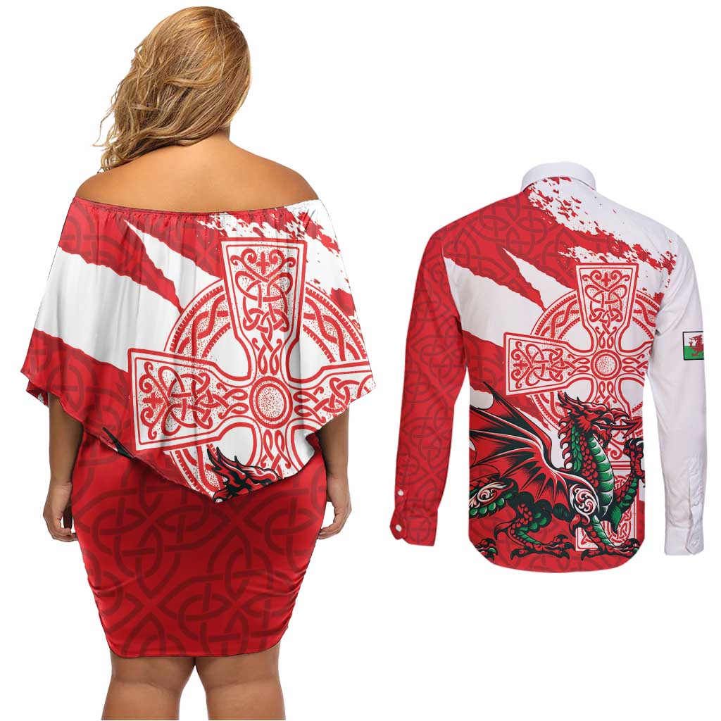Wales Celtic Cross Couples Matching Off Shoulder Short Dress and Long Sleeve Button Shirt Cymru Am Byth Red Version - Wonder Print Shop