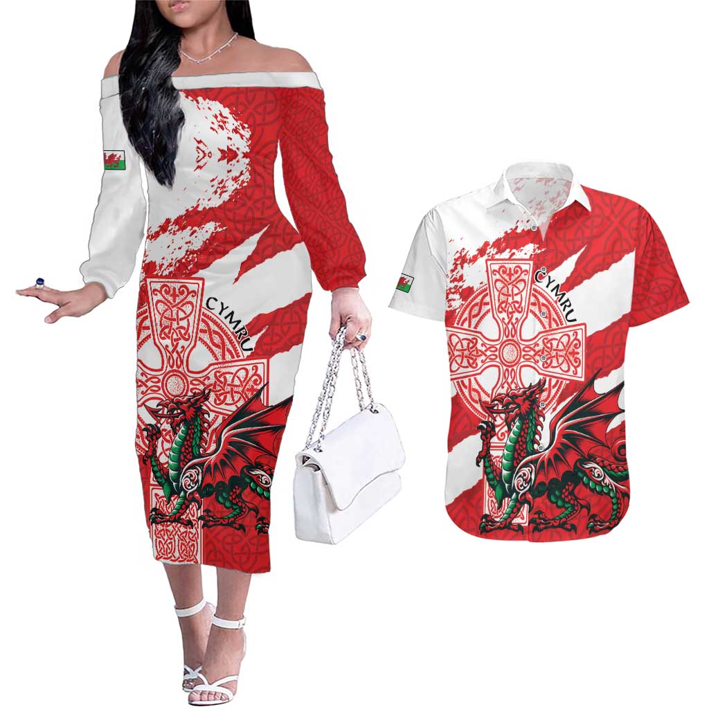 Wales Celtic Cross Couples Matching Off The Shoulder Long Sleeve Dress and Hawaiian Shirt Cymru Am Byth Red Version - Wonder Print Shop
