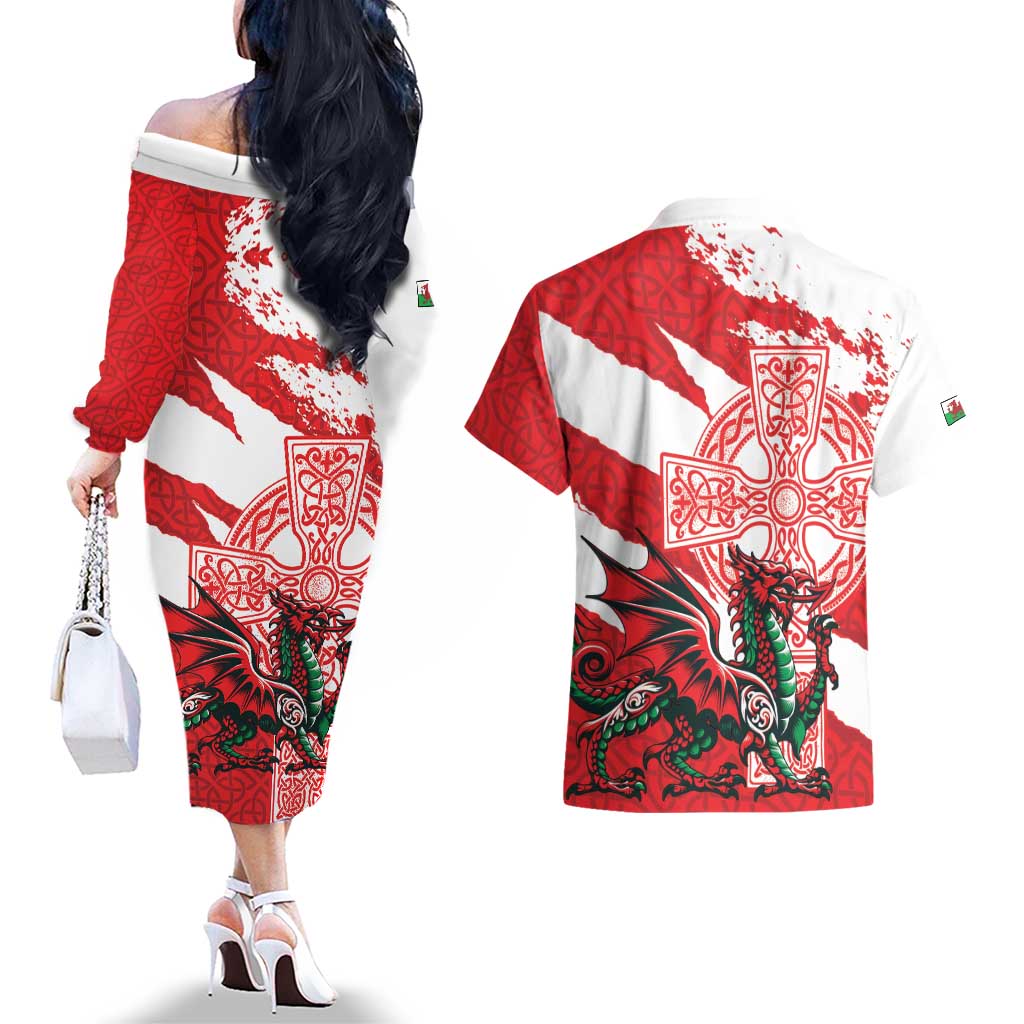 Wales Celtic Cross Couples Matching Off The Shoulder Long Sleeve Dress and Hawaiian Shirt Cymru Am Byth Red Version - Wonder Print Shop