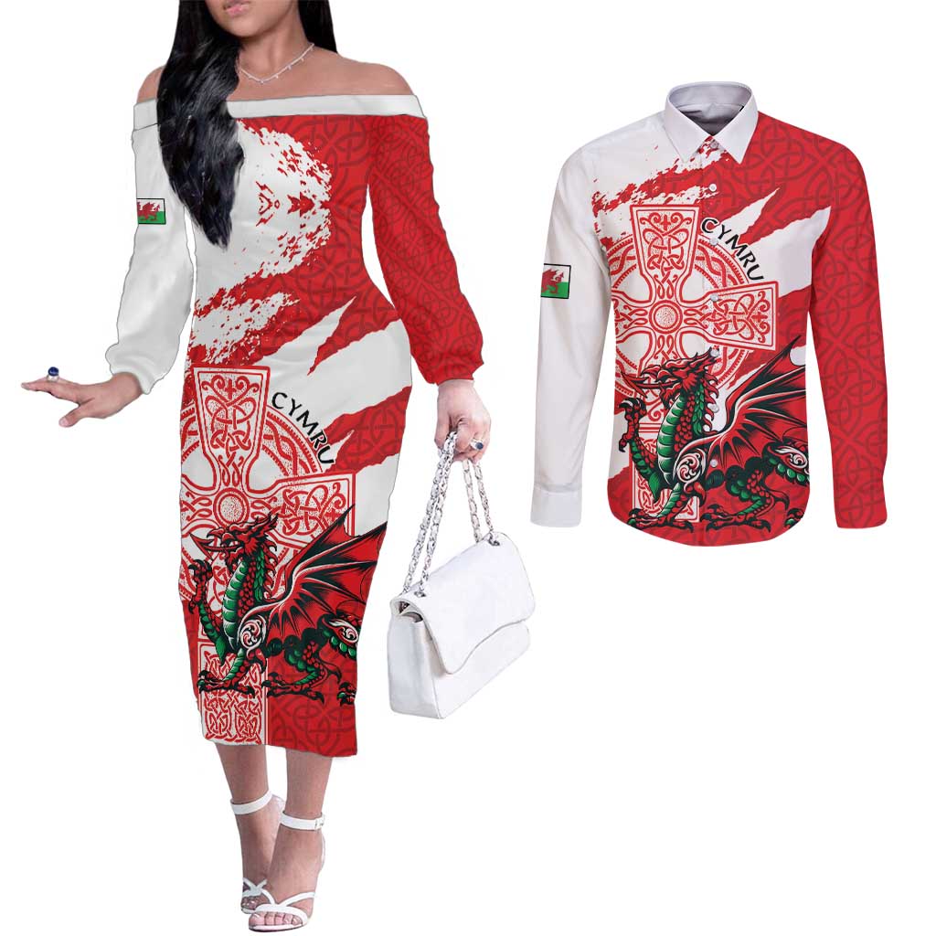 Wales Celtic Cross Couples Matching Off The Shoulder Long Sleeve Dress and Long Sleeve Button Shirt Cymru Am Byth Red Version - Wonder Print Shop