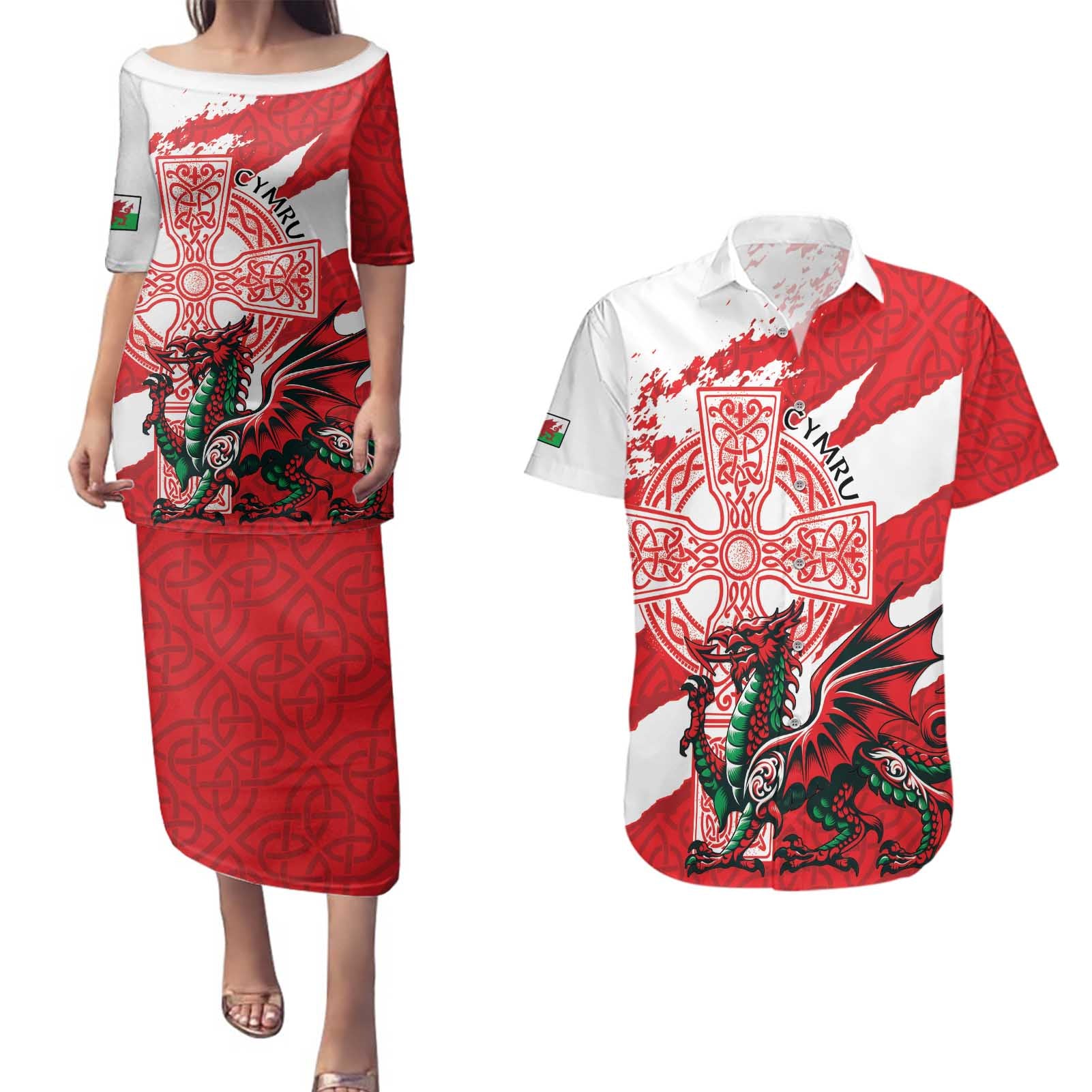 Wales Celtic Cross Couples Matching Puletasi and Hawaiian Shirt Cymru Am Byth Red Version - Wonder Print Shop
