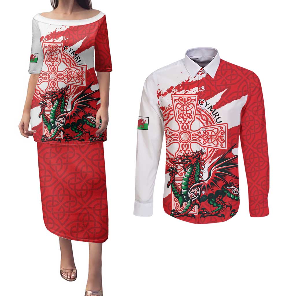 Wales Celtic Cross Couples Matching Puletasi and Long Sleeve Button Shirt Cymru Am Byth Red Version - Wonder Print Shop