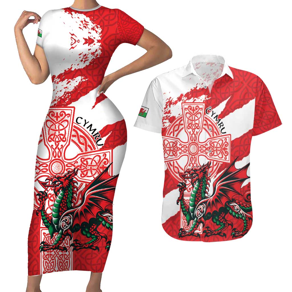 Wales Celtic Cross Couples Matching Short Sleeve Bodycon Dress and Hawaiian Shirt Cymru Am Byth Red Version - Wonder Print Shop