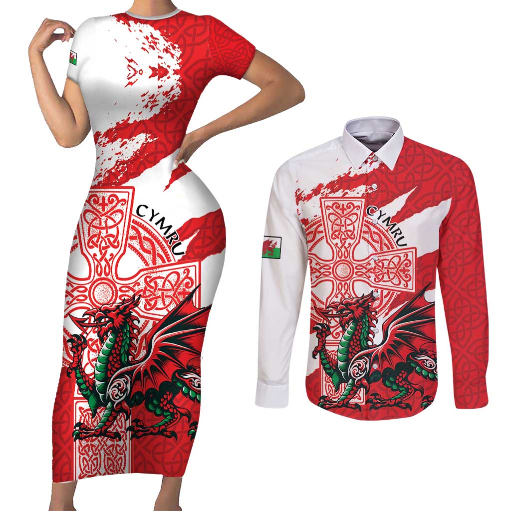 Wales Celtic Cross Couples Matching Short Sleeve Bodycon Dress and Long Sleeve Button Shirt Cymru Am Byth Red Version - Wonder Print Shop