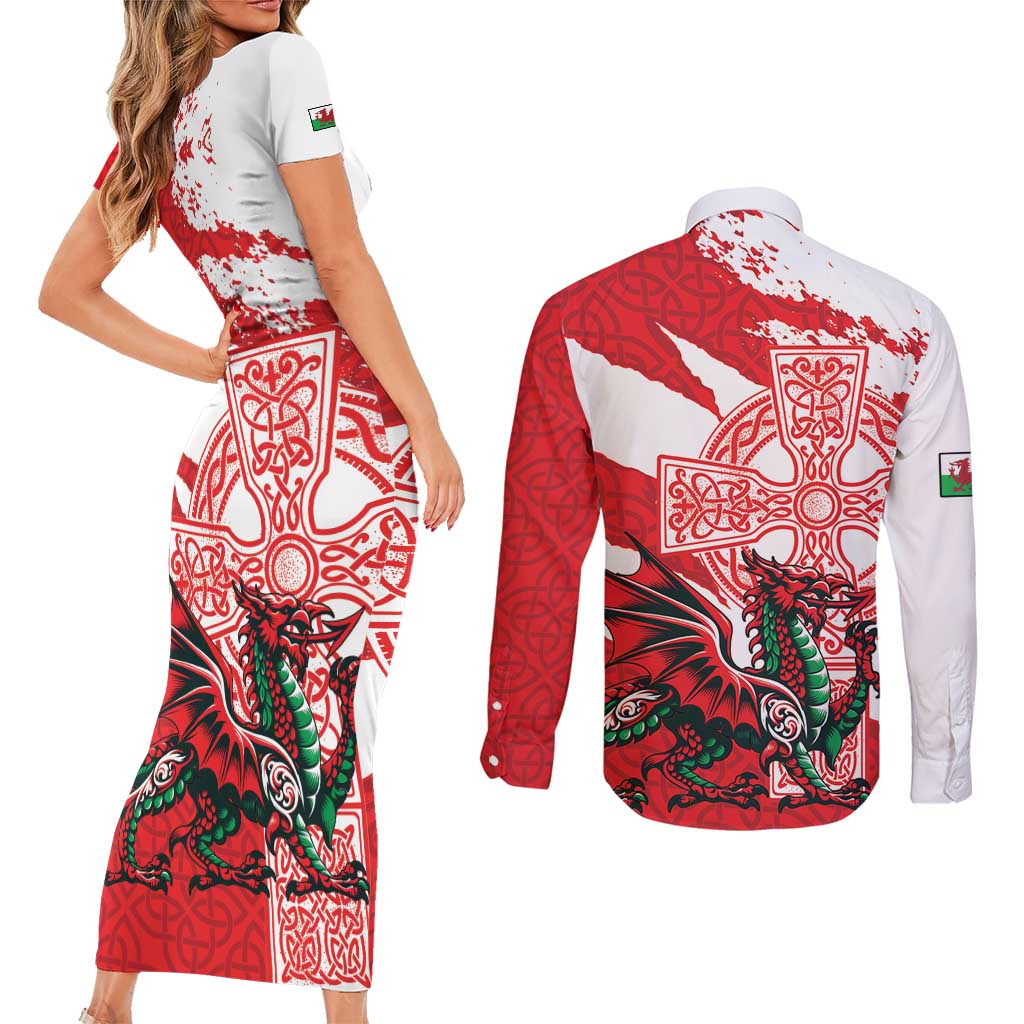 Wales Celtic Cross Couples Matching Short Sleeve Bodycon Dress and Long Sleeve Button Shirt Cymru Am Byth Red Version - Wonder Print Shop