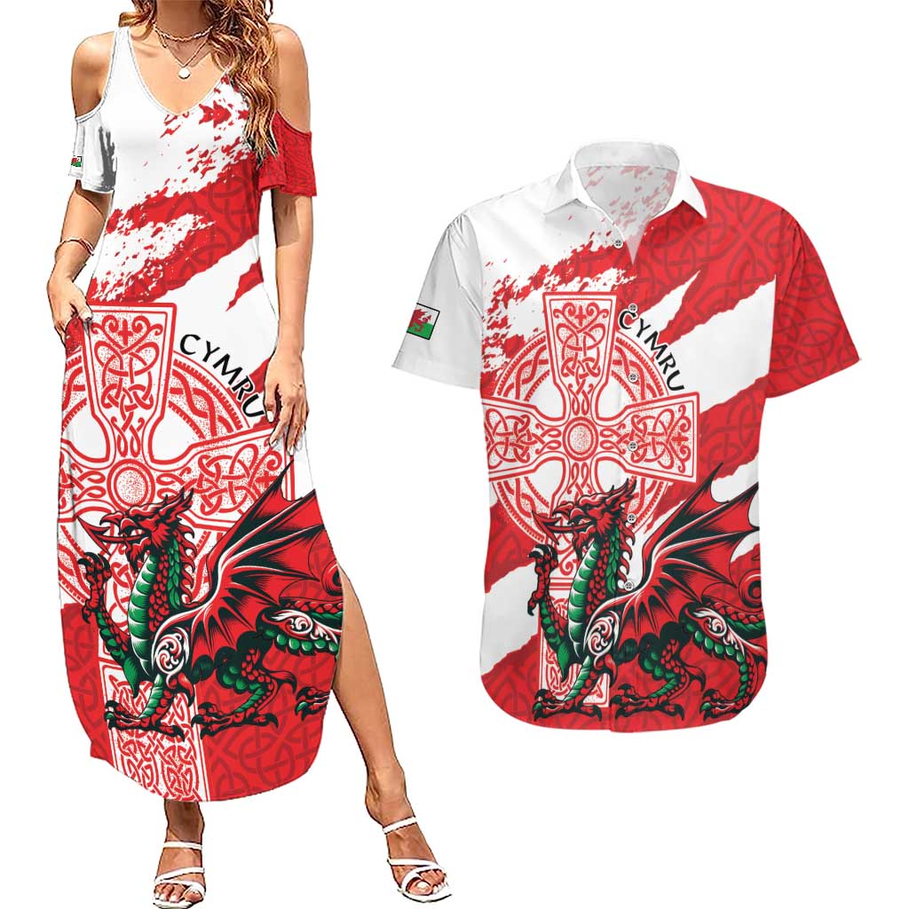 Wales Celtic Cross Couples Matching Summer Maxi Dress and Hawaiian Shirt Cymru Am Byth Red Version - Wonder Print Shop