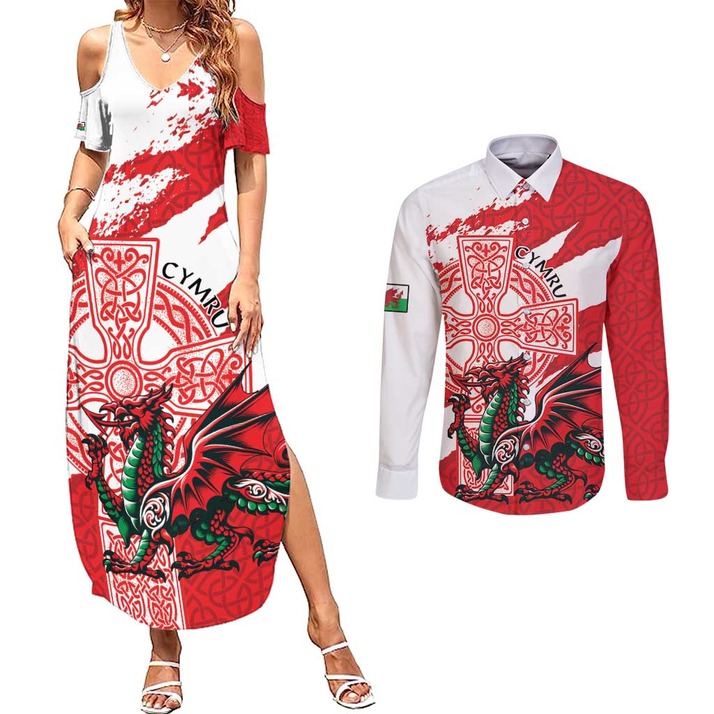 Wales Celtic Cross Couples Matching Summer Maxi Dress and Long Sleeve Button Shirt Cymru Am Byth Red Version - Wonder Print Shop