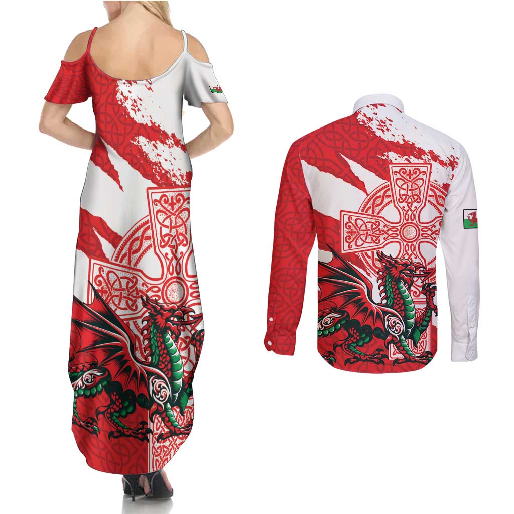 Wales Celtic Cross Couples Matching Summer Maxi Dress and Long Sleeve Button Shirt Cymru Am Byth Red Version - Wonder Print Shop