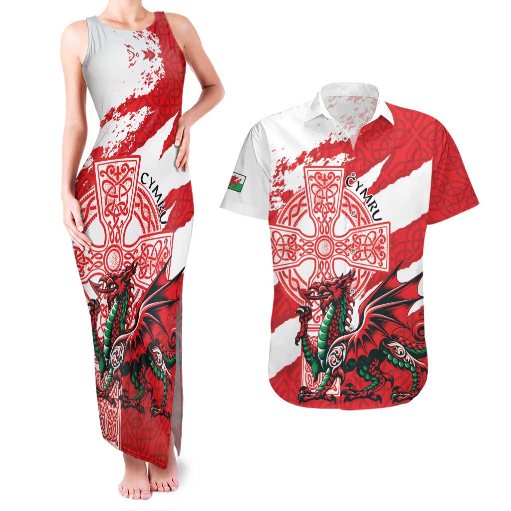 Wales Celtic Cross Couples Matching Tank Maxi Dress and Hawaiian Shirt Cymru Am Byth Red Version - Wonder Print Shop