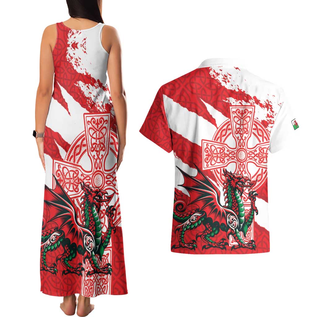 Wales Celtic Cross Couples Matching Tank Maxi Dress and Hawaiian Shirt Cymru Am Byth Red Version - Wonder Print Shop