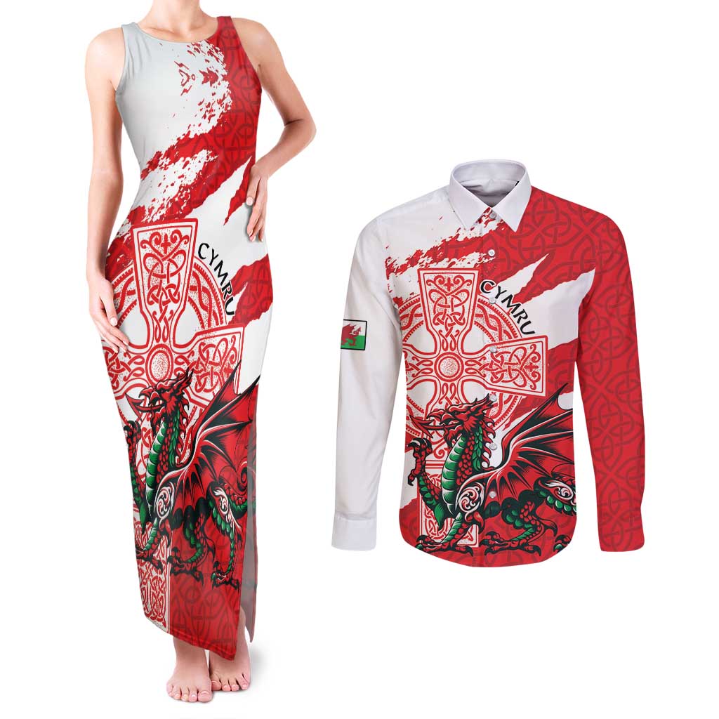 Wales Celtic Cross Couples Matching Tank Maxi Dress and Long Sleeve Button Shirt Cymru Am Byth Red Version - Wonder Print Shop