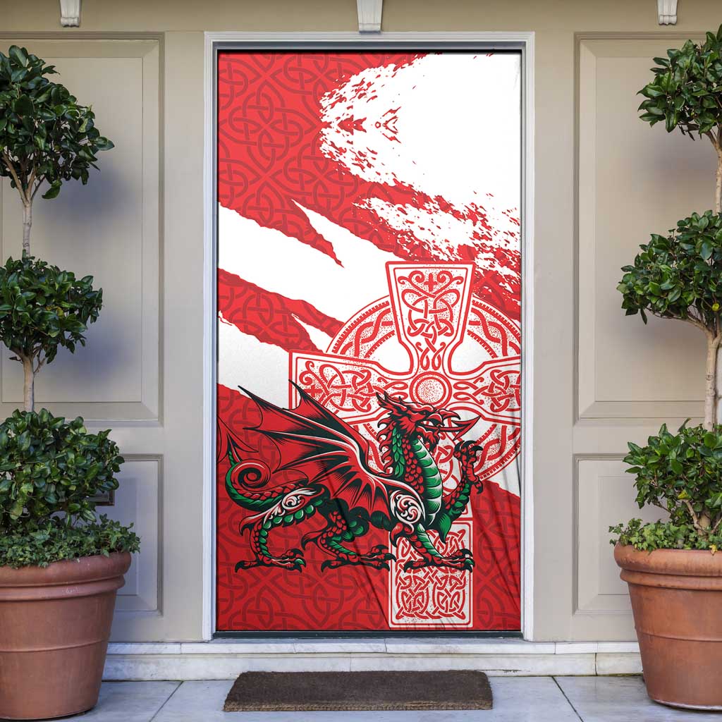 Wales Celtic Cross Door Cover Cymru Am Byth Red Version - Wonder Print Shop