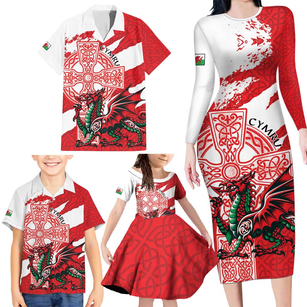 Wales Celtic Cross Family Matching Long Sleeve Bodycon Dress and Hawaiian Shirt Cymru Am Byth Red Version - Wonder Print Shop