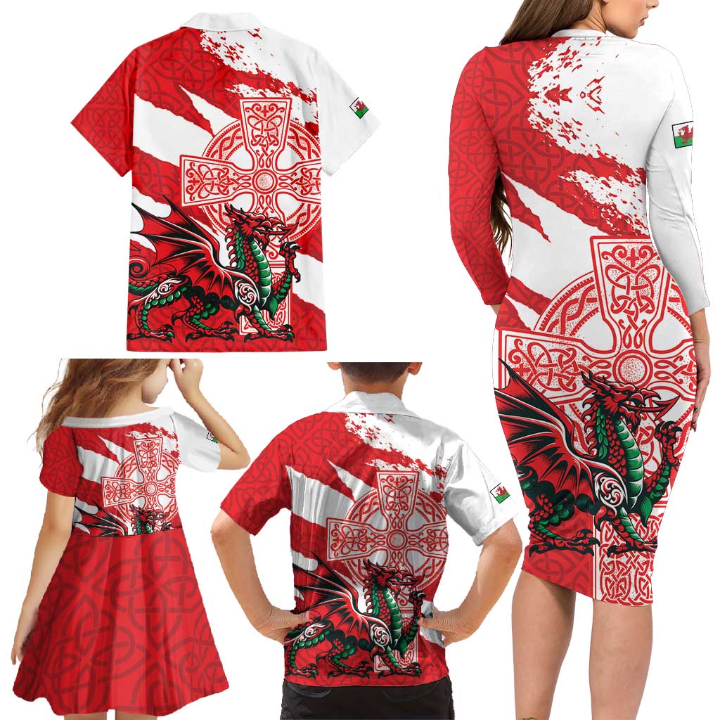 Wales Celtic Cross Family Matching Long Sleeve Bodycon Dress and Hawaiian Shirt Cymru Am Byth Red Version - Wonder Print Shop