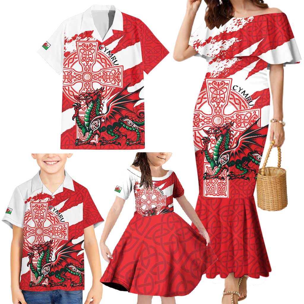 Wales Celtic Cross Family Matching Mermaid Dress and Hawaiian Shirt Cymru Am Byth Red Version - Wonder Print Shop