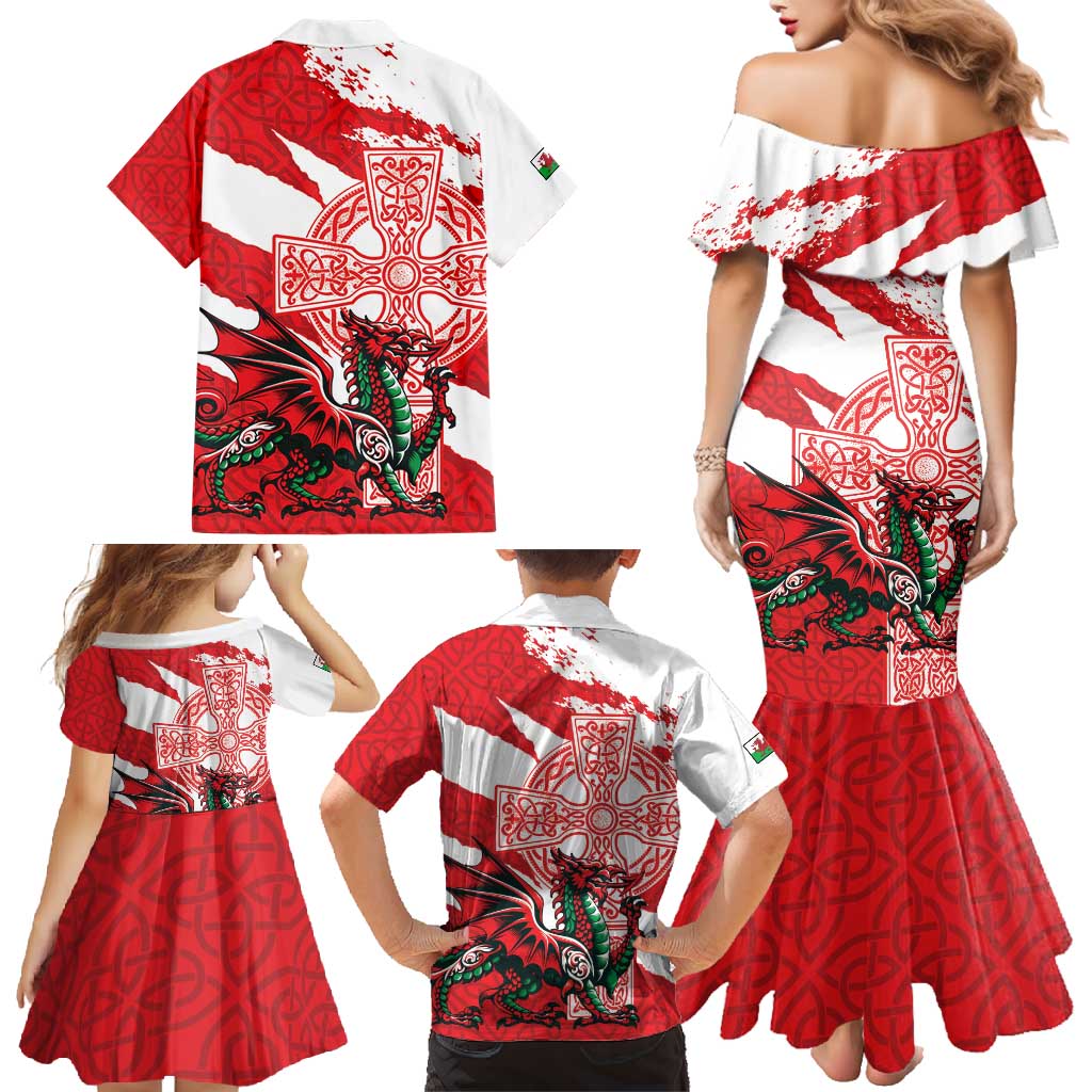 Wales Celtic Cross Family Matching Mermaid Dress and Hawaiian Shirt Cymru Am Byth Red Version - Wonder Print Shop