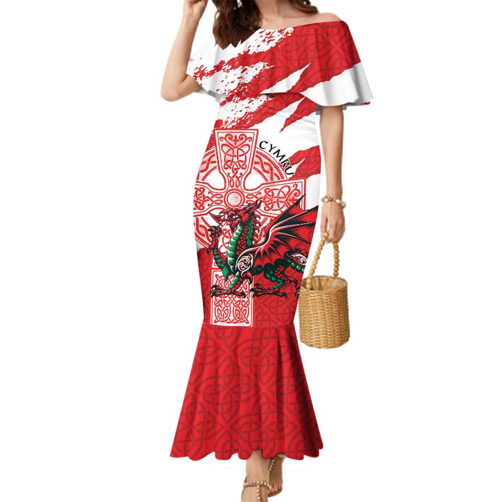 Wales Celtic Cross Family Matching Mermaid Dress and Hawaiian Shirt Cymru Am Byth Red Version - Wonder Print Shop