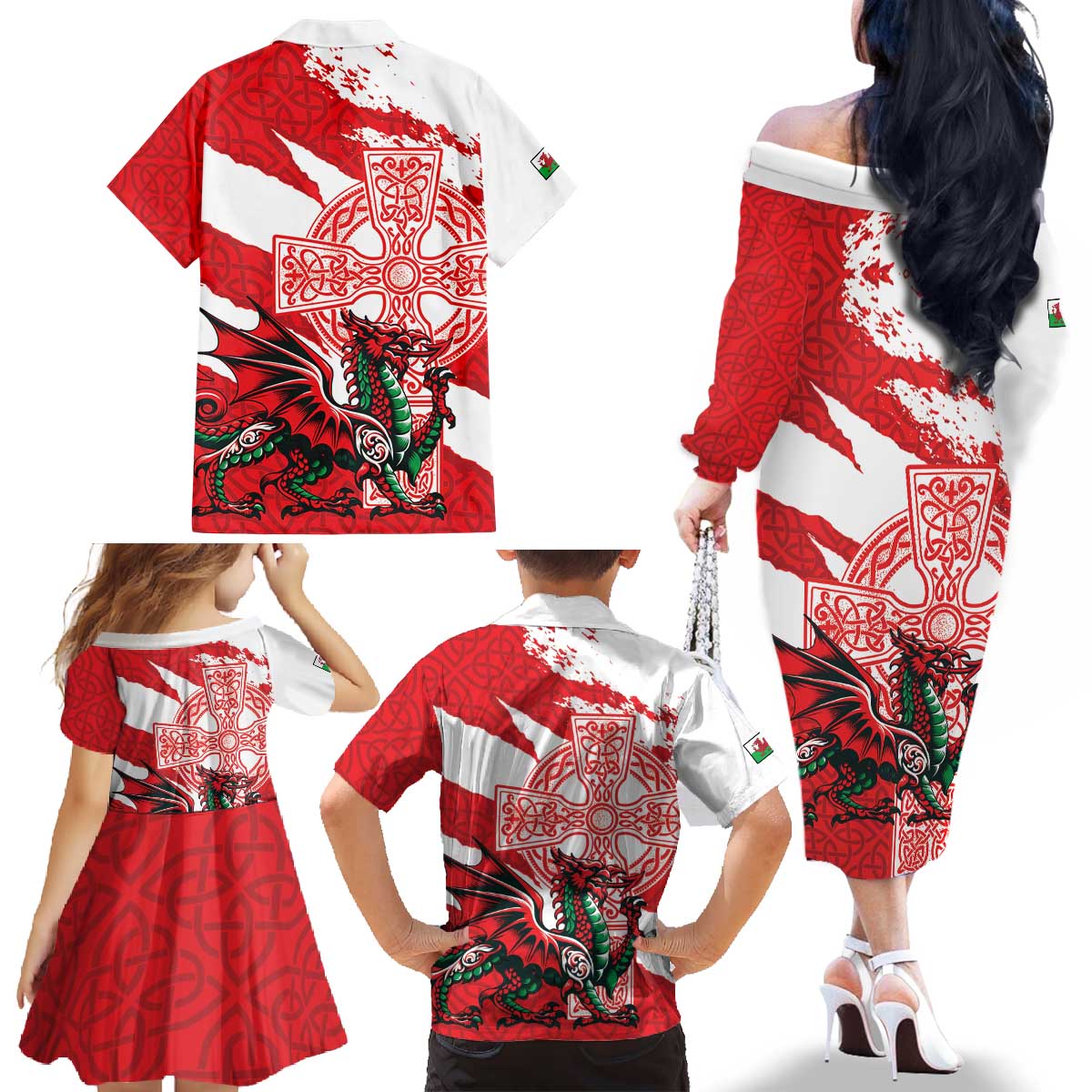 Wales Celtic Cross Family Matching Off The Shoulder Long Sleeve Dress and Hawaiian Shirt Cymru Am Byth Red Version - Wonder Print Shop