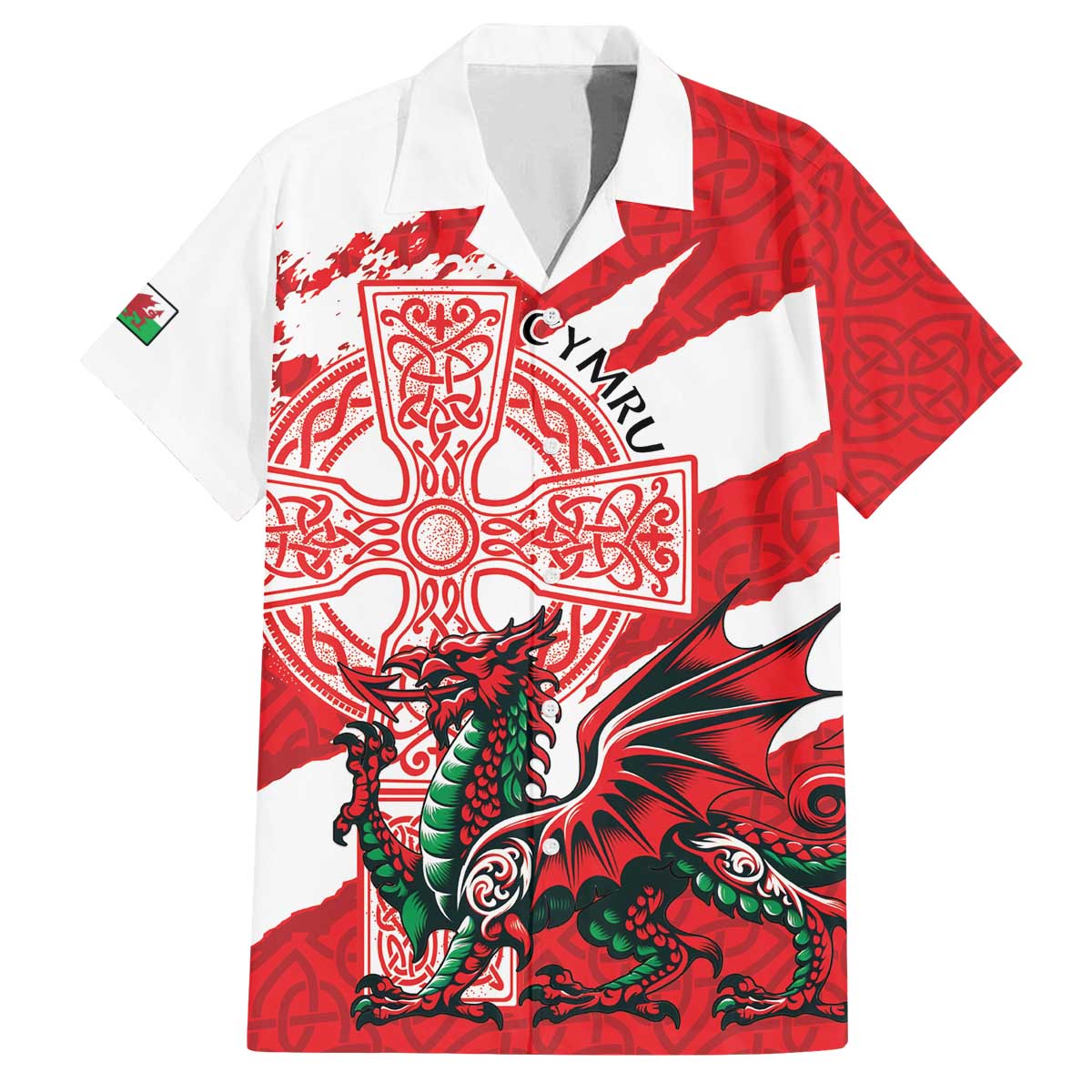 Wales Celtic Cross Family Matching Off The Shoulder Long Sleeve Dress and Hawaiian Shirt Cymru Am Byth Red Version - Wonder Print Shop