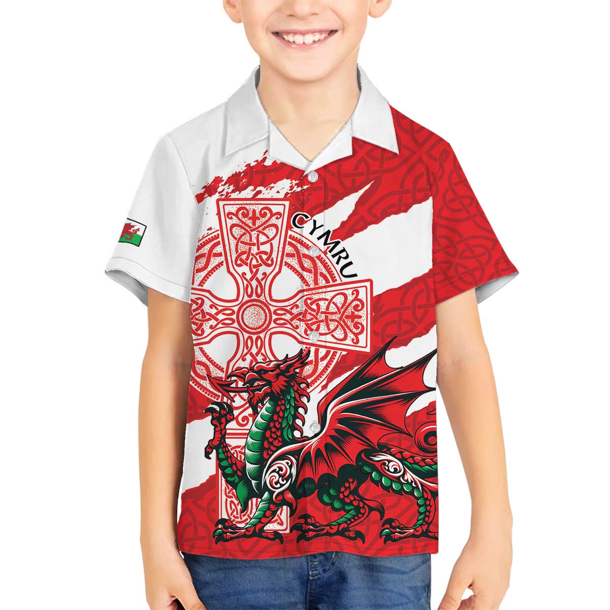 Wales Celtic Cross Family Matching Off The Shoulder Long Sleeve Dress and Hawaiian Shirt Cymru Am Byth Red Version - Wonder Print Shop