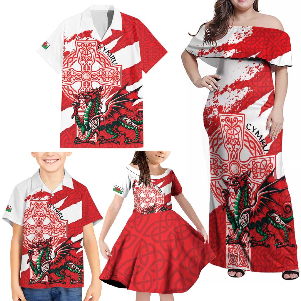 Wales Celtic Cross Family Matching Off Shoulder Maxi Dress and Hawaiian Shirt Cymru Am Byth Red Version - Wonder Print Shop
