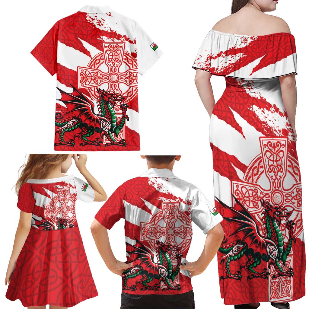 Wales Celtic Cross Family Matching Off Shoulder Maxi Dress and Hawaiian Shirt Cymru Am Byth Red Version - Wonder Print Shop