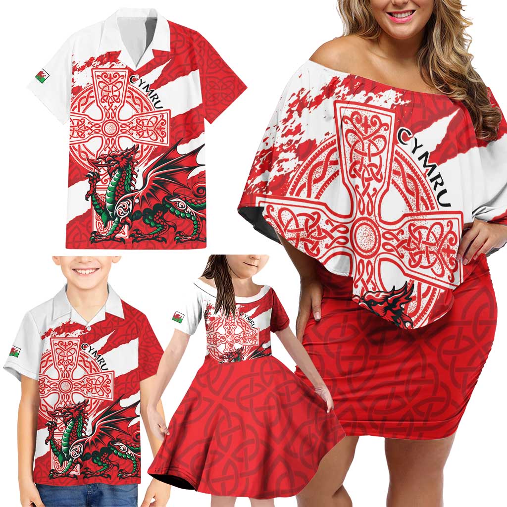 Wales Celtic Cross Family Matching Off Shoulder Short Dress and Hawaiian Shirt Cymru Am Byth Red Version - Wonder Print Shop