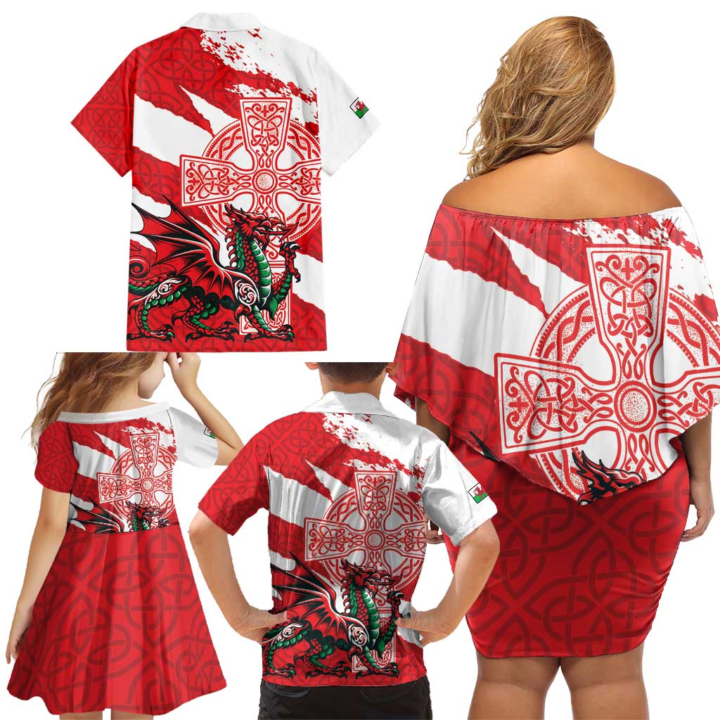 Wales Celtic Cross Family Matching Off Shoulder Short Dress and Hawaiian Shirt Cymru Am Byth Red Version - Wonder Print Shop