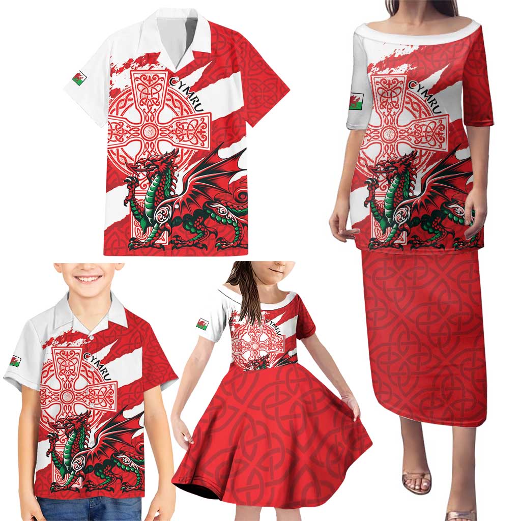 Wales Celtic Cross Family Matching Puletasi and Hawaiian Shirt Cymru Am Byth Red Version - Wonder Print Shop