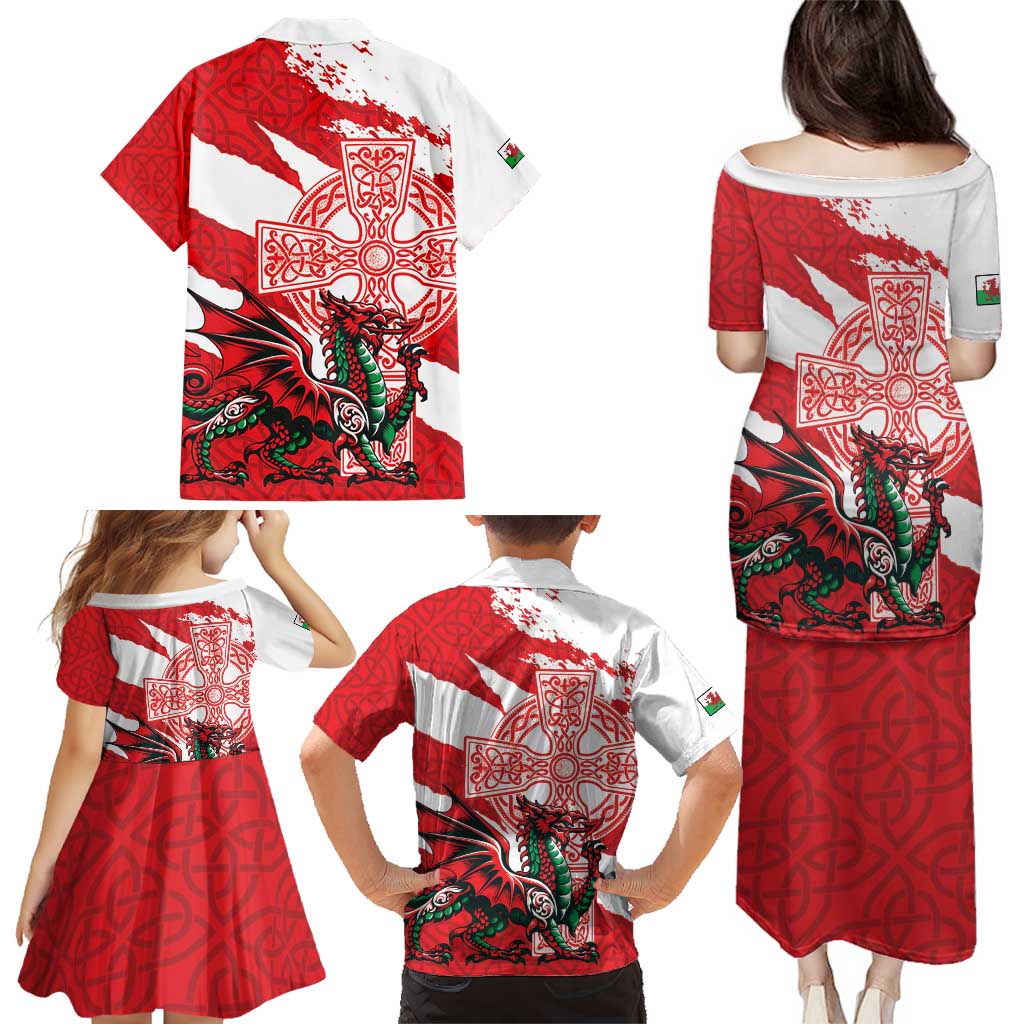 Wales Celtic Cross Family Matching Puletasi and Hawaiian Shirt Cymru Am Byth Red Version - Wonder Print Shop