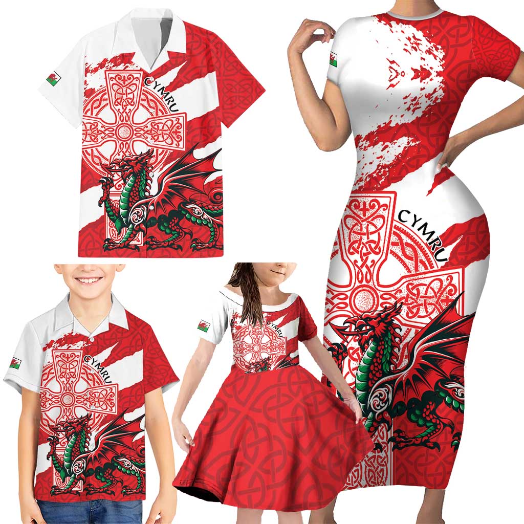 Wales Celtic Cross Family Matching Short Sleeve Bodycon Dress and Hawaiian Shirt Cymru Am Byth Red Version - Wonder Print Shop