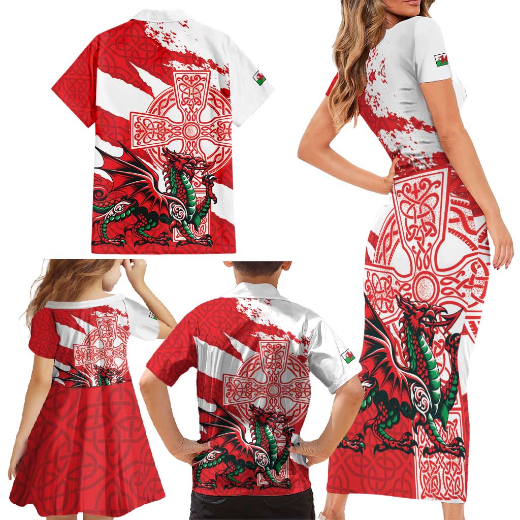 Wales Celtic Cross Family Matching Short Sleeve Bodycon Dress and Hawaiian Shirt Cymru Am Byth Red Version - Wonder Print Shop