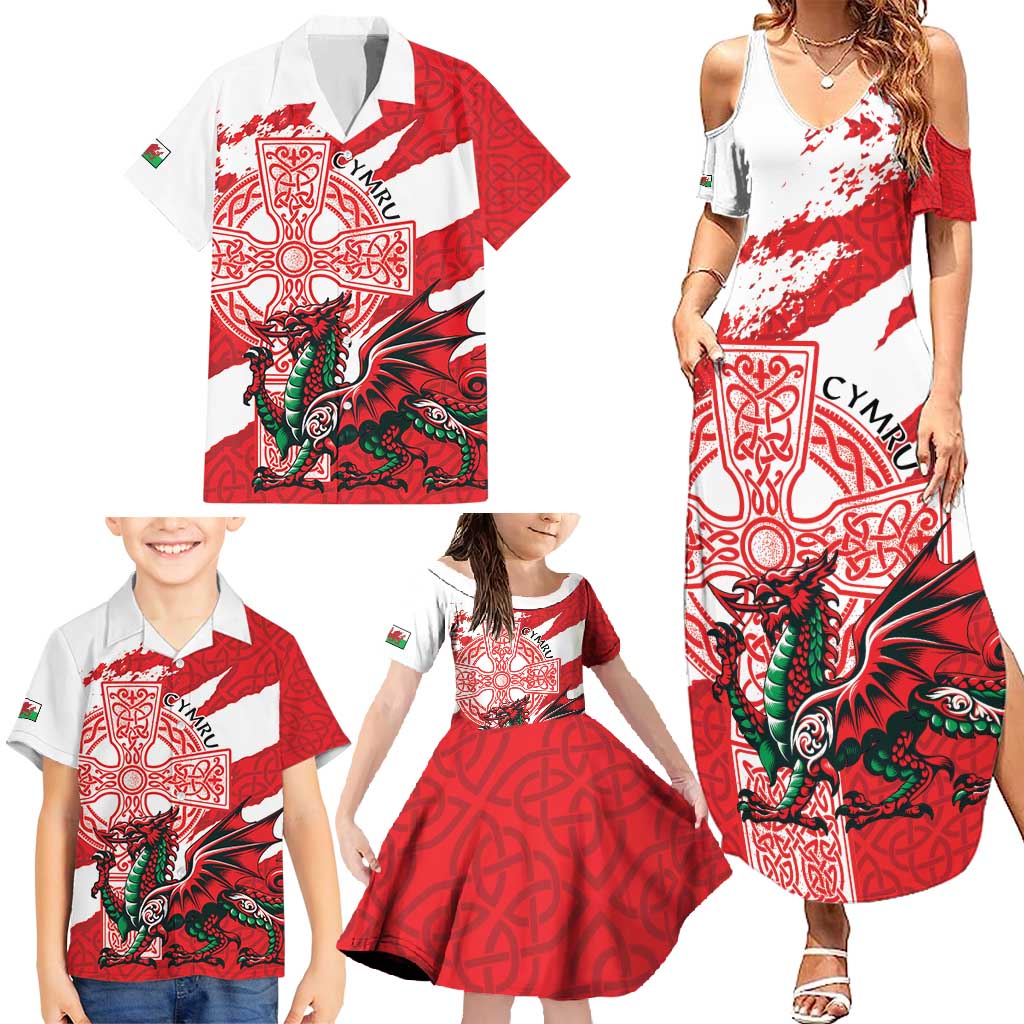 Wales Celtic Cross Family Matching Summer Maxi Dress and Hawaiian Shirt Cymru Am Byth Red Version - Wonder Print Shop