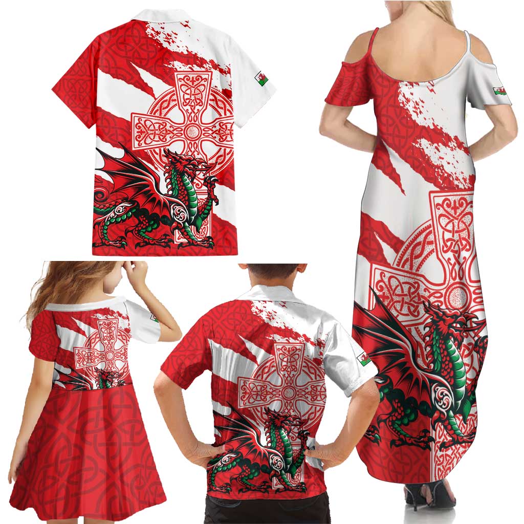 Wales Celtic Cross Family Matching Summer Maxi Dress and Hawaiian Shirt Cymru Am Byth Red Version - Wonder Print Shop